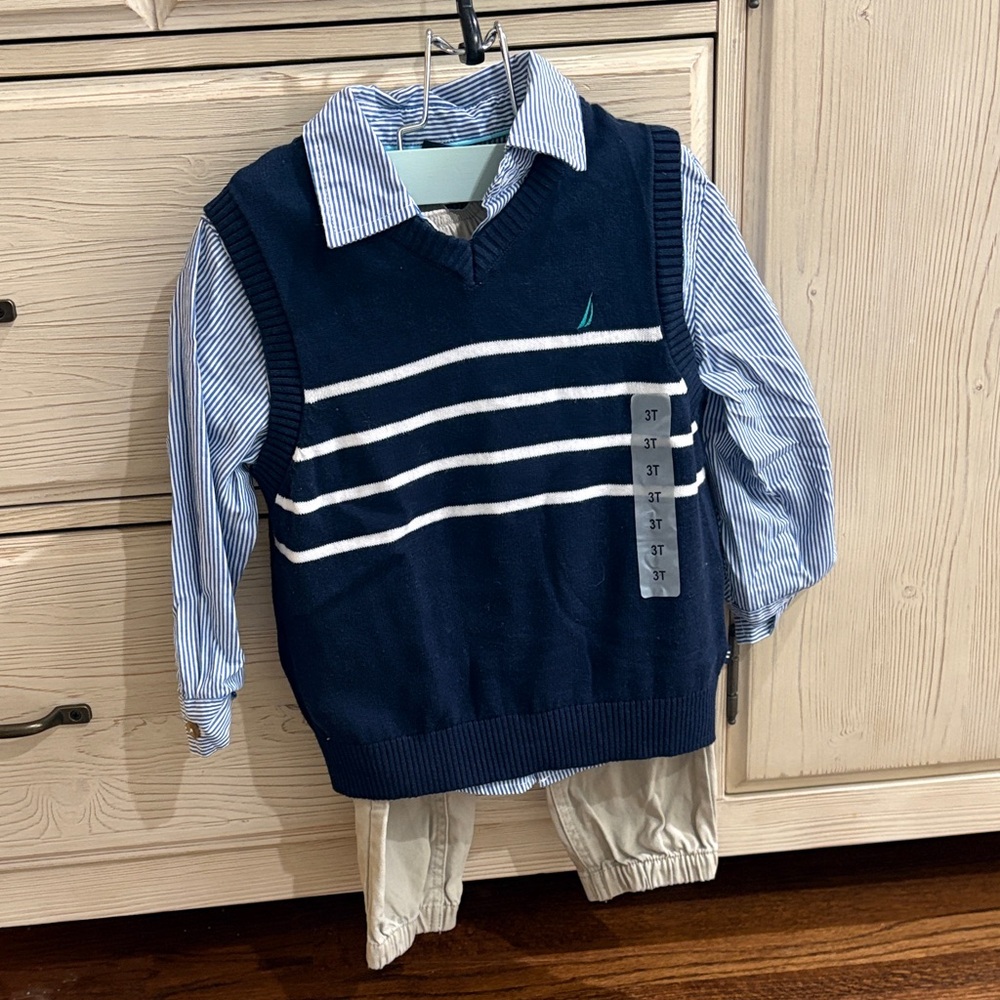 Nautica Navy and Blue Striped Button Down Shirt with Vest and beige pants